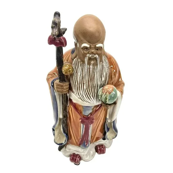 Vintage Chinese Shou Lao Figurine Holding Staff & Peach Long Life JE250
